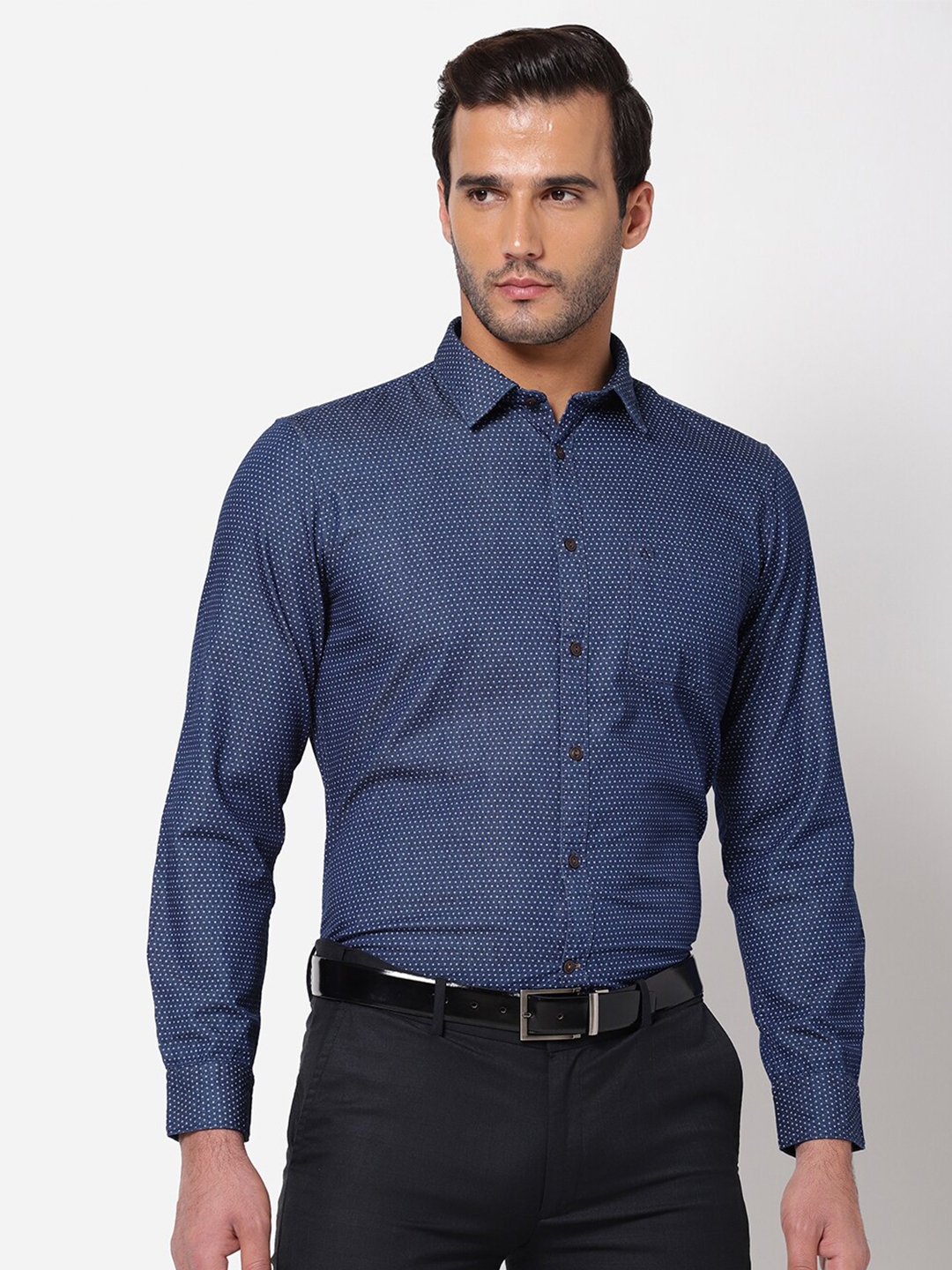 Buy AD By Arvind Men Blue & White Printed Pure Cotton Formal Shirt ...