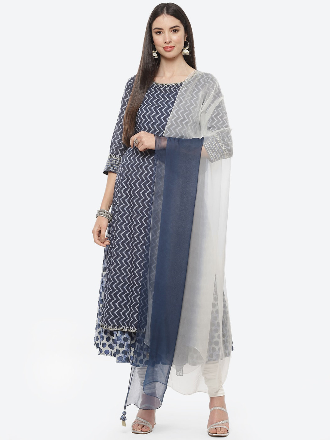 White & Navy Blue Printed Kurta Set With Pants main image 1