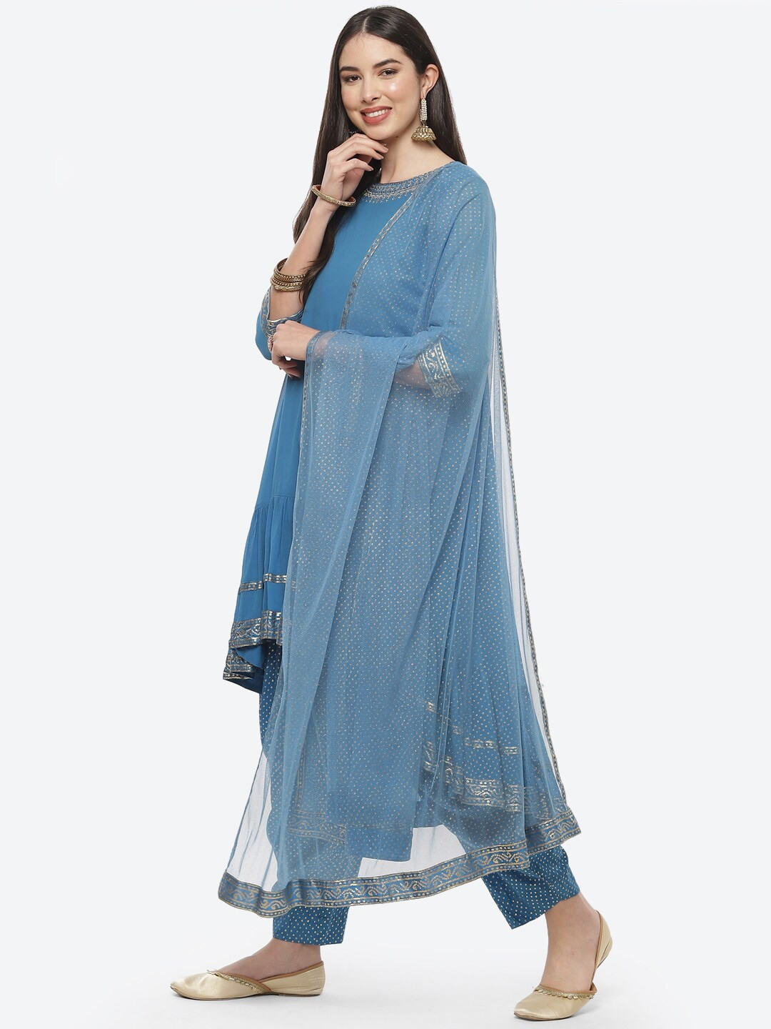 Buy Biba Women Blue & Gold Coloured Pleated Thread Work Kurta With
