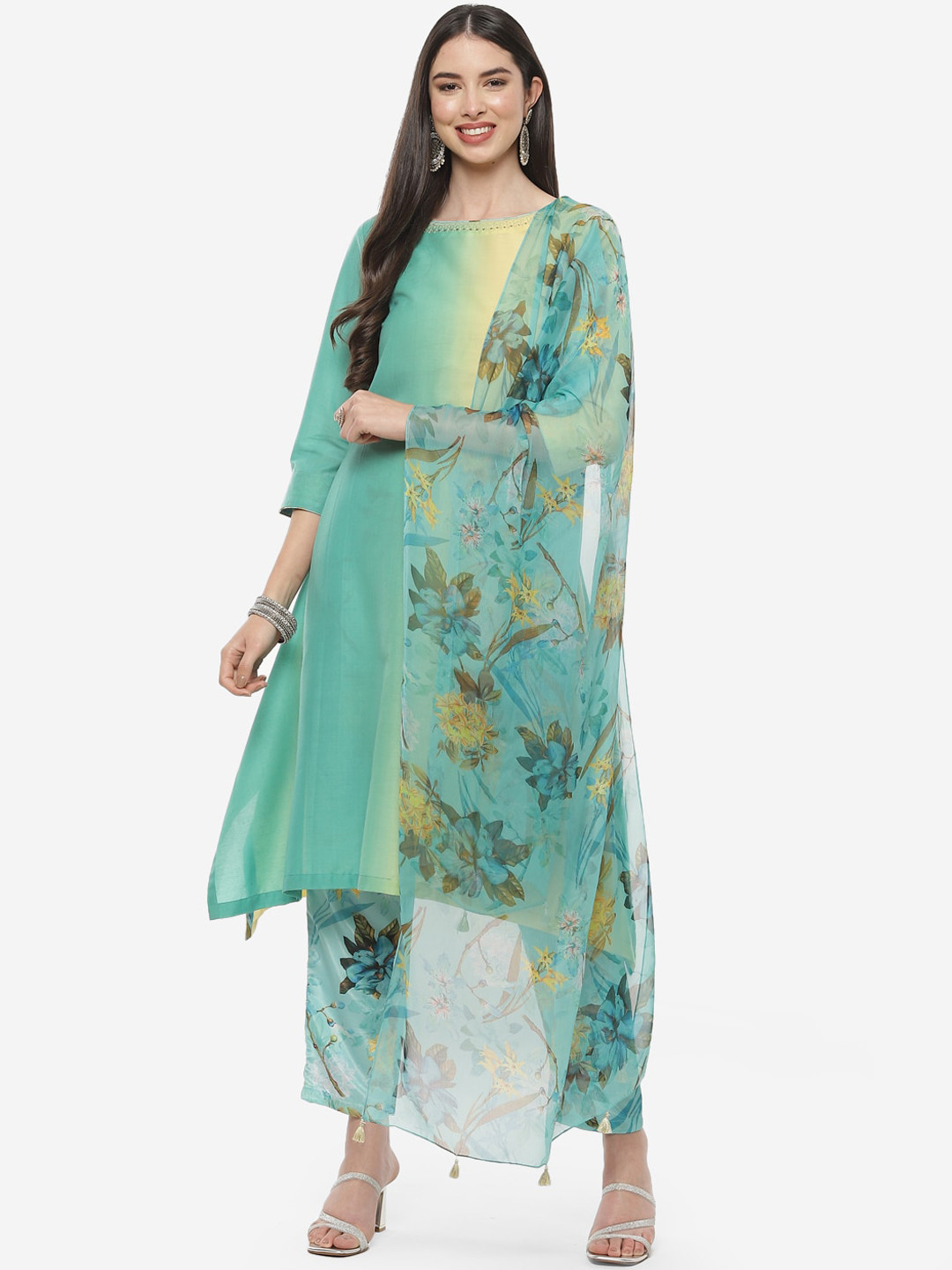 Women's Floral Sea Green Kurta Set with Dupatta