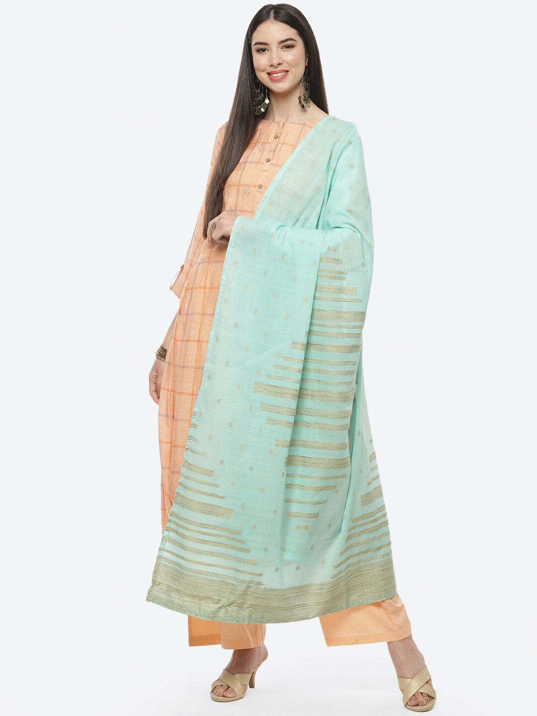 Buy Biba Peach Coloured & Blue Embroidered Pure Cotton Unstitched Dress