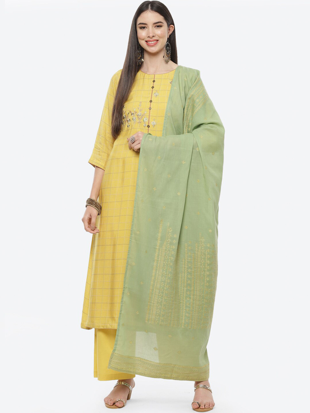 Buy Biba Yellow & Green Pure Cotton Unstitched Dress Material Dress