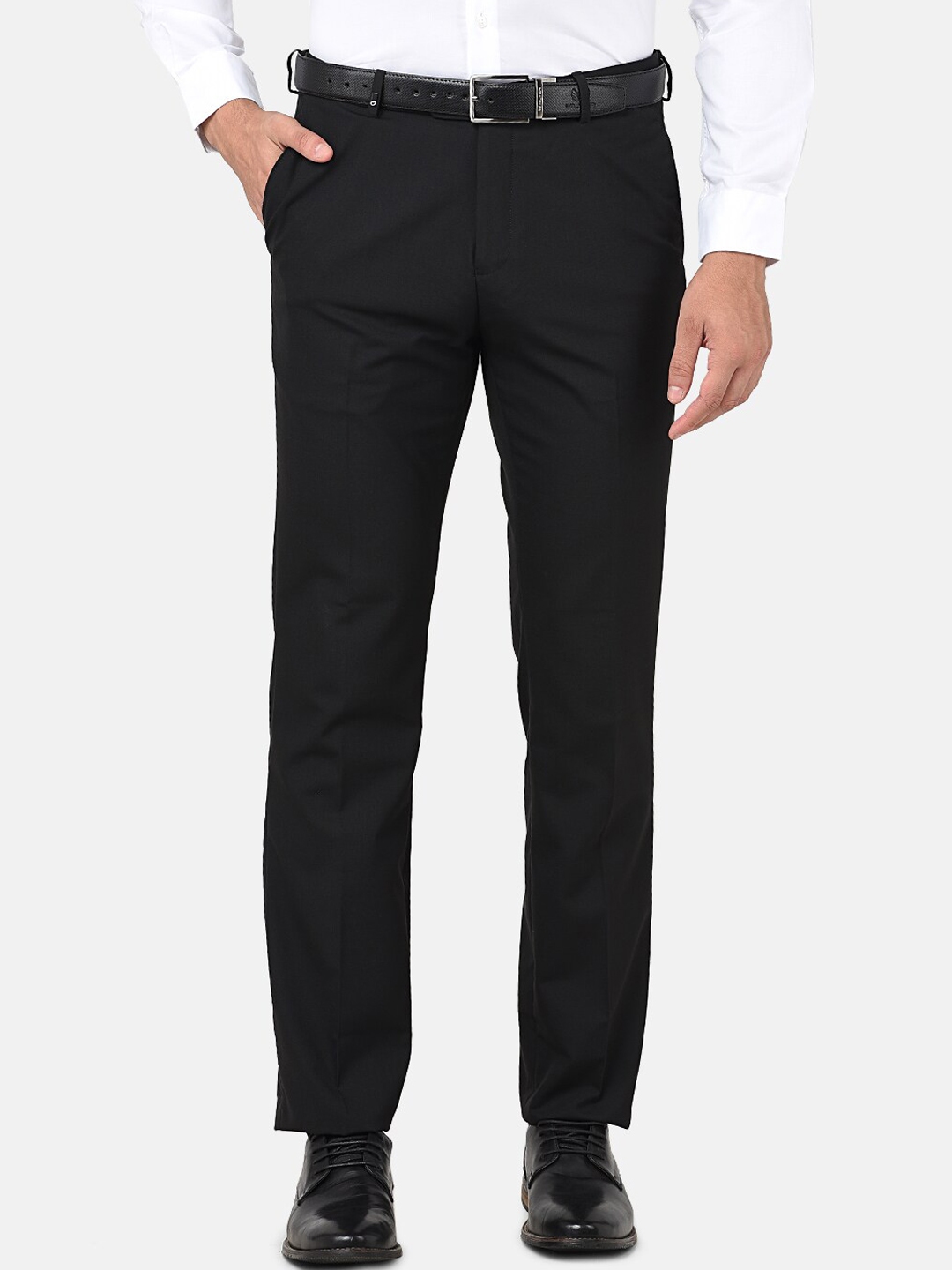 Buy Oxemberg Men Black Smart Slim Fit Wrinkle Free Formal Trousers ...