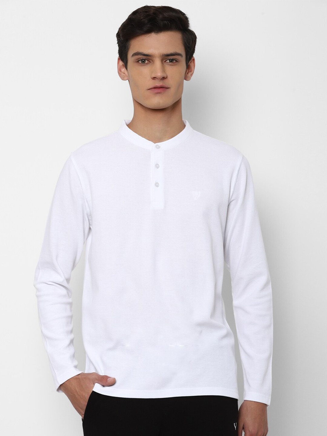 Men's White Solid Henley Neck Cotton T-Shirt