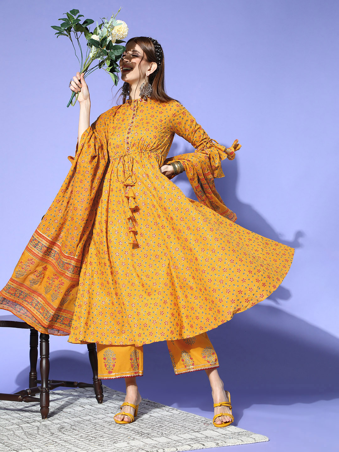 INDO ERA Women's Pure Cotton Kurta Set - Straight Cut Kurta With Palazzo Pant & Dupatta