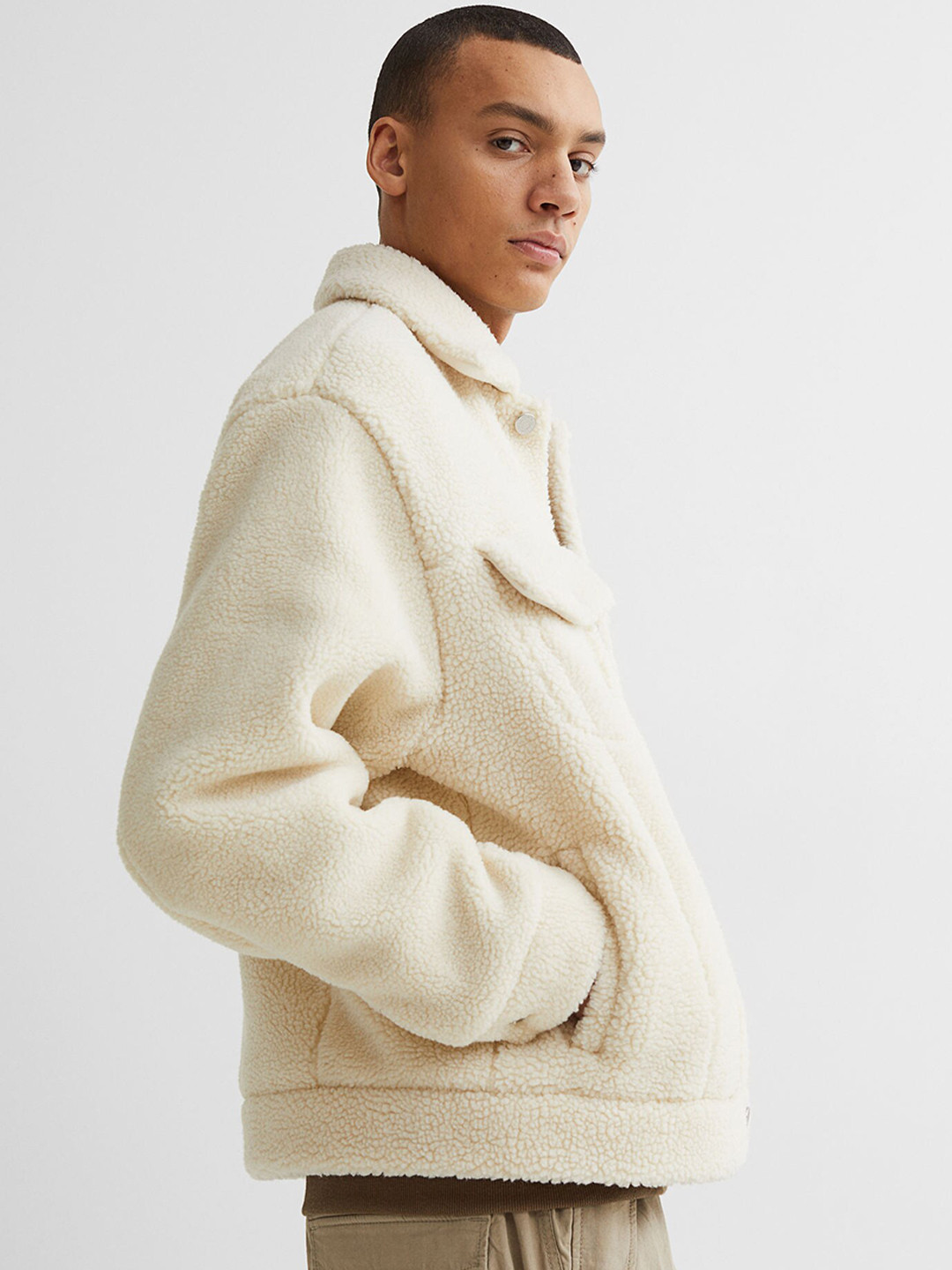 Buy H&M Men Beige Oversized Teddy Jacket Jackets for Men 16653470