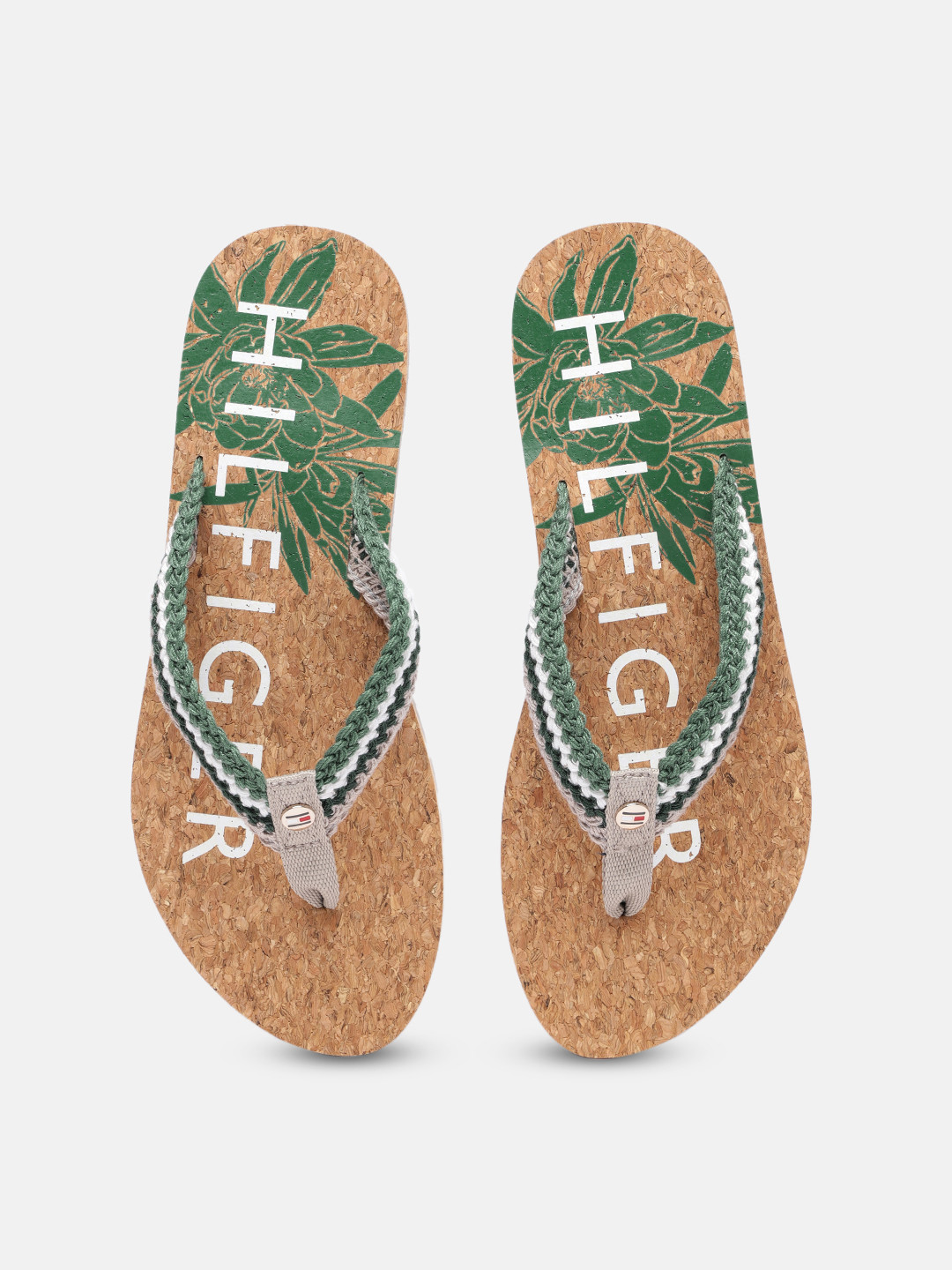 Buy Tommy Hilfiger Women Camel Brown & Green Printed Cork Footbed Beach Thong Flip Flops Flip