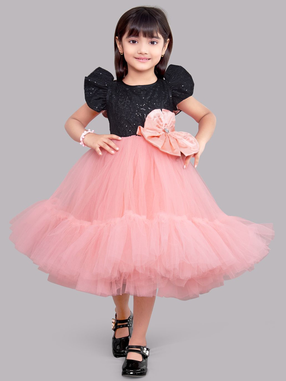 Buy Pink Chick Peach Coloured Net A Line Midi Dress - Dresses for Girls