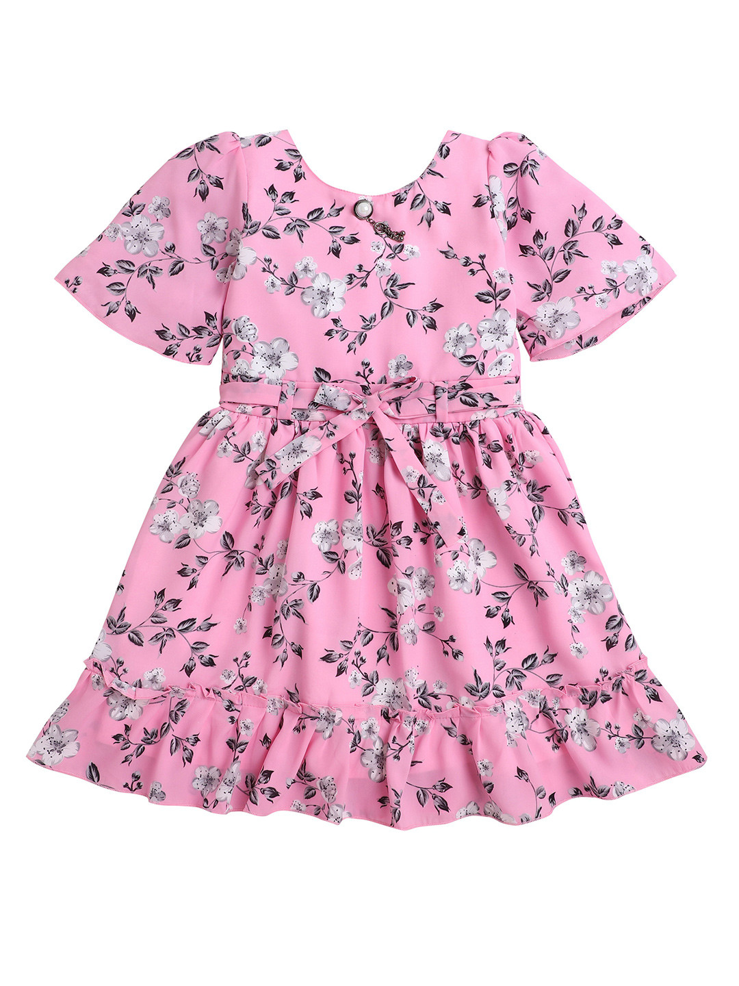 Buy Hopscotch Pink Floral Printed Fit Flared Dress Dresses for Girls