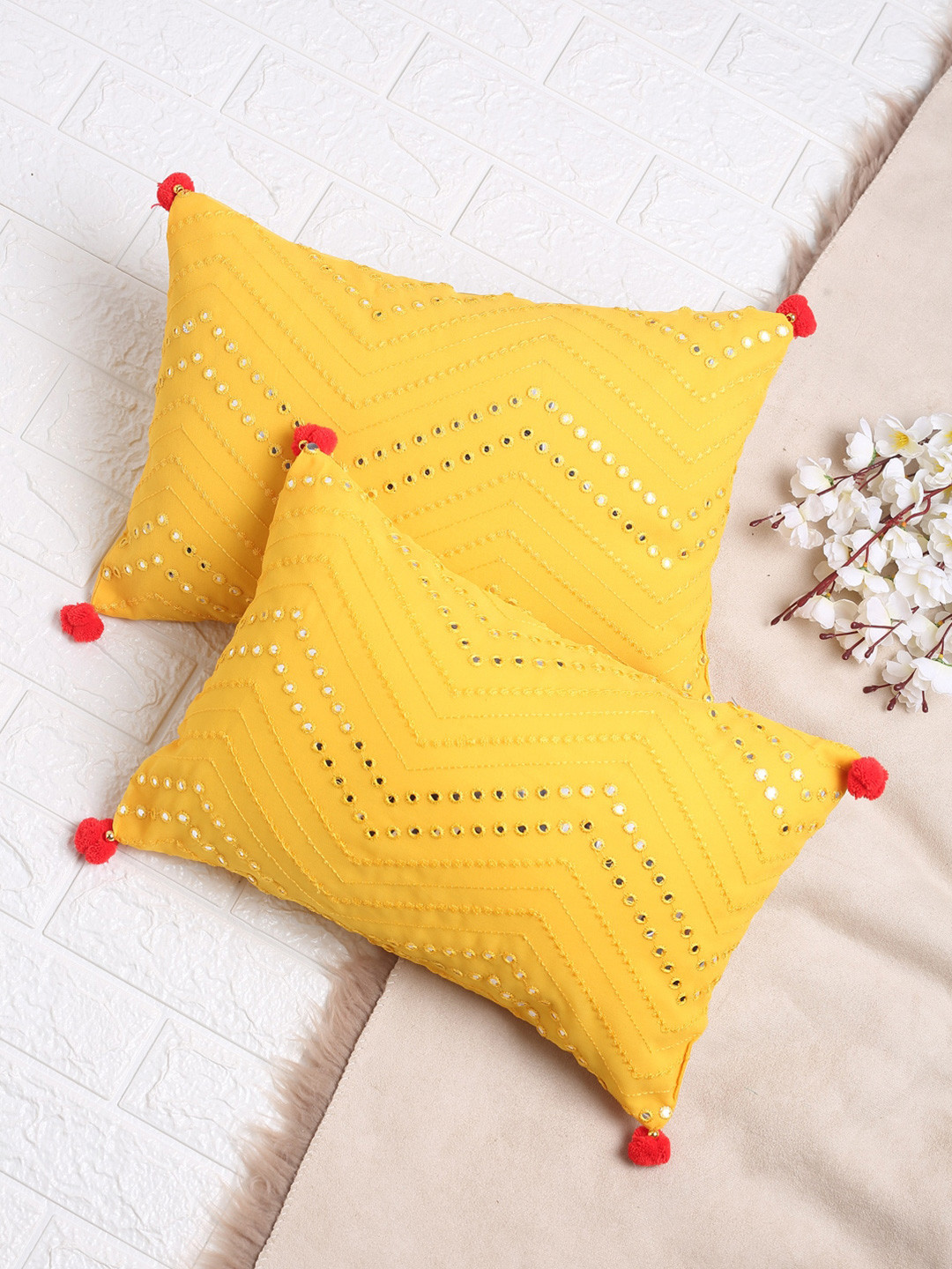 Buy SAKA DESIGNS Yellow Set Of 2 Embroidered Rectangle Cushion Covers
