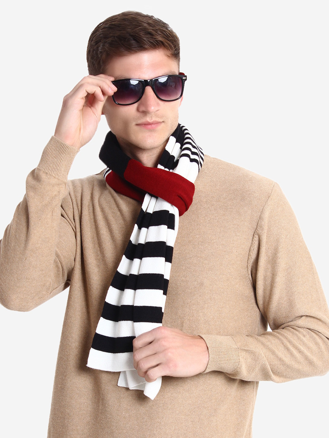 Buy JoE Hazel Men Acrylic White, Black & Red Striped Mufflers