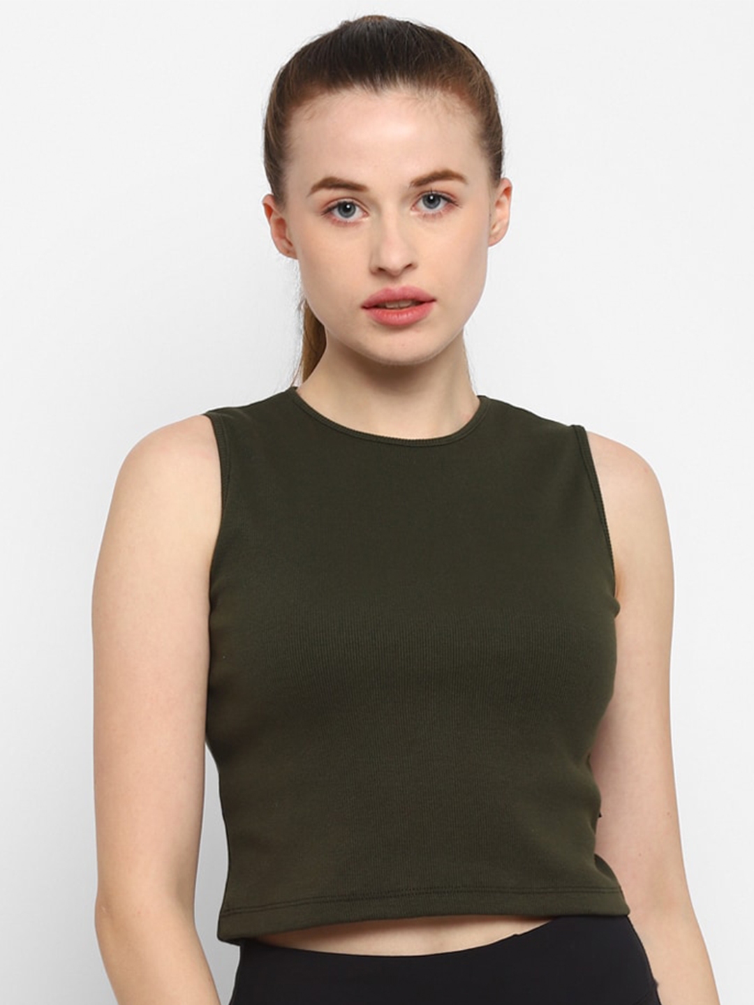 Buy Off Limits Women Olive Green Solid Round Neck Crop T Shirt