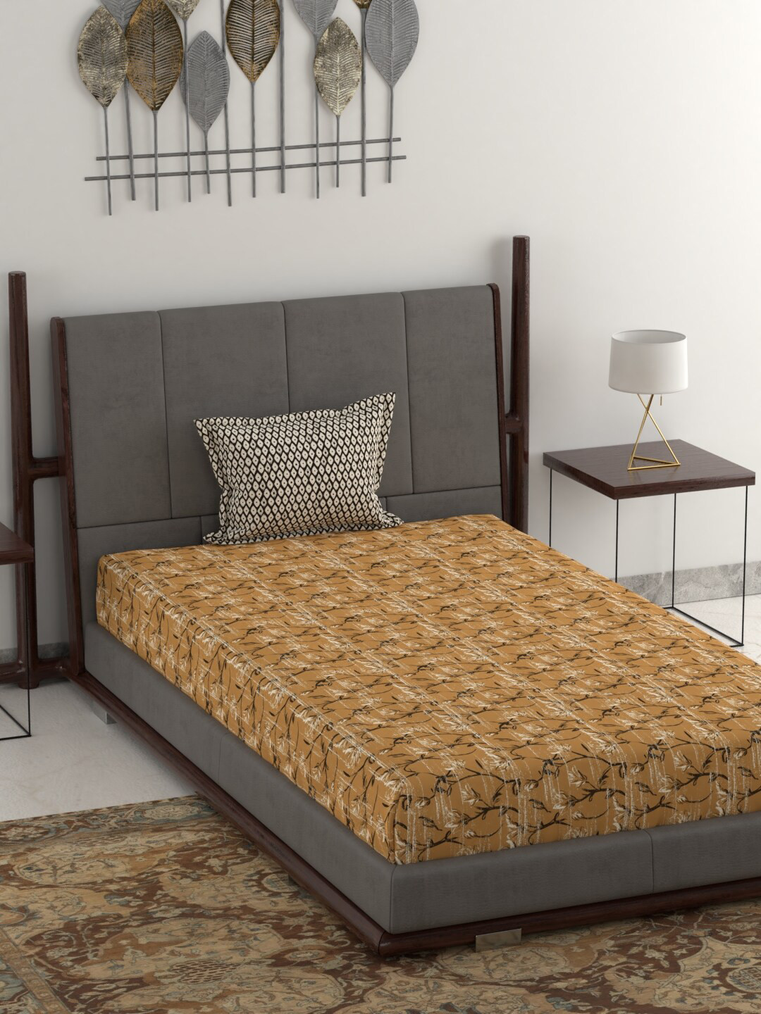 Buy MYTRIDENT Orange Graphic 120 TC Single Bedsheet With 2 Pillow