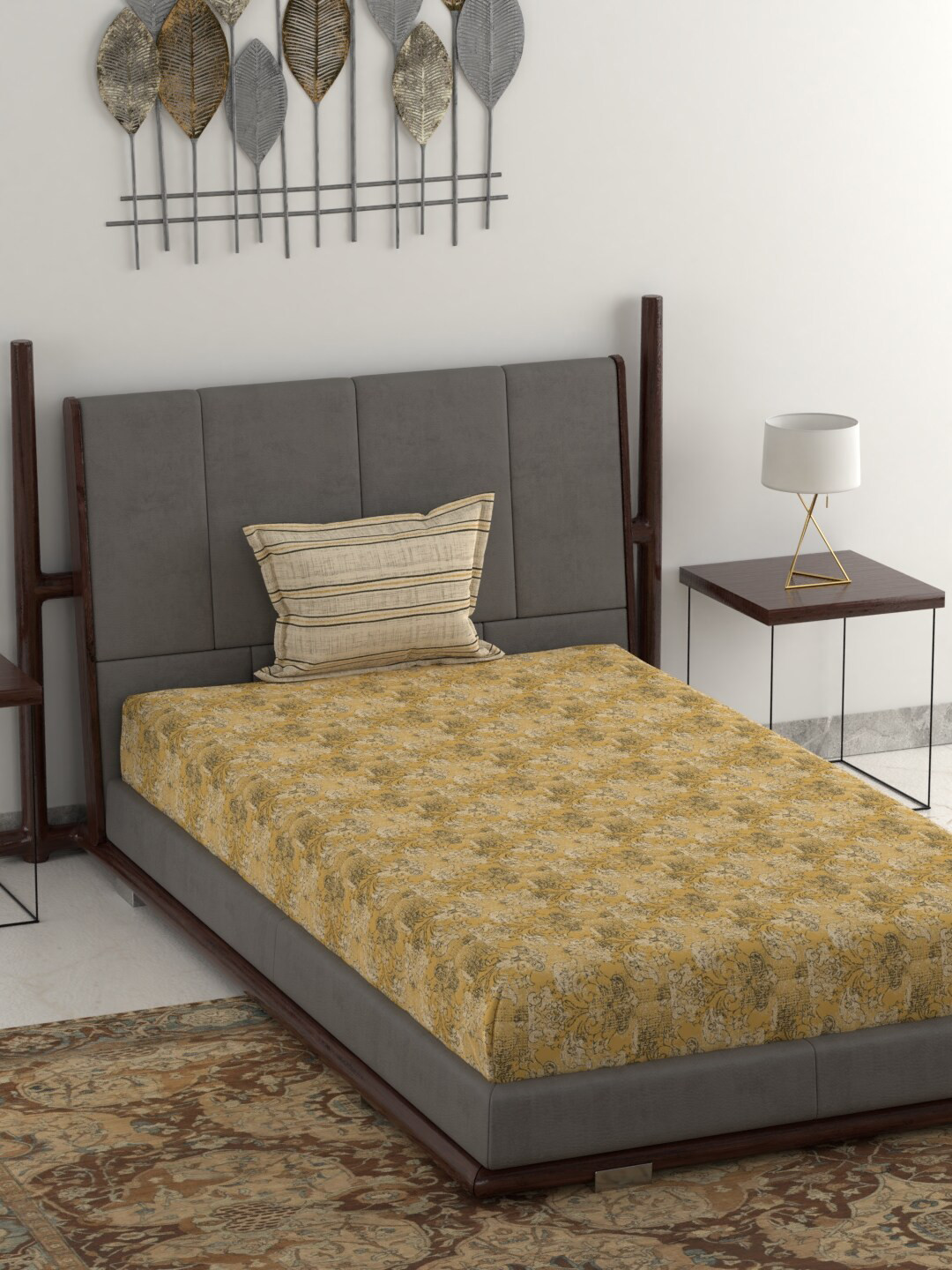 Buy Trident Mustard & Beige Floral Printed Cotton 120 TC Single