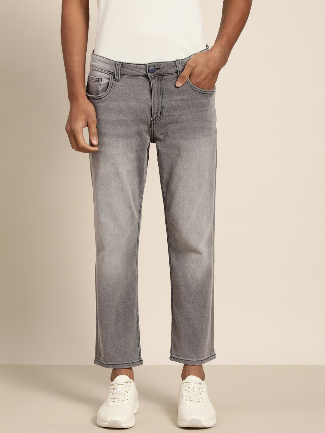 Buy Ether Men Grey Slim Tapered Fit Light Fade Stretchable Jeans