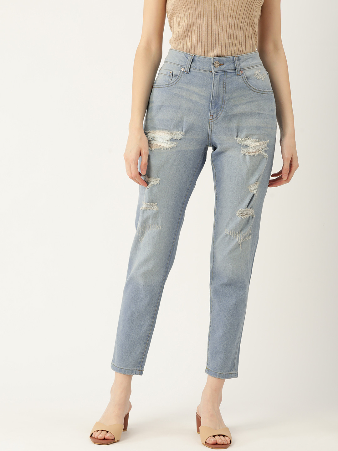 Women's Grey Bootcut Mildly Distressed Light Fade Stretchable Denim Jeans