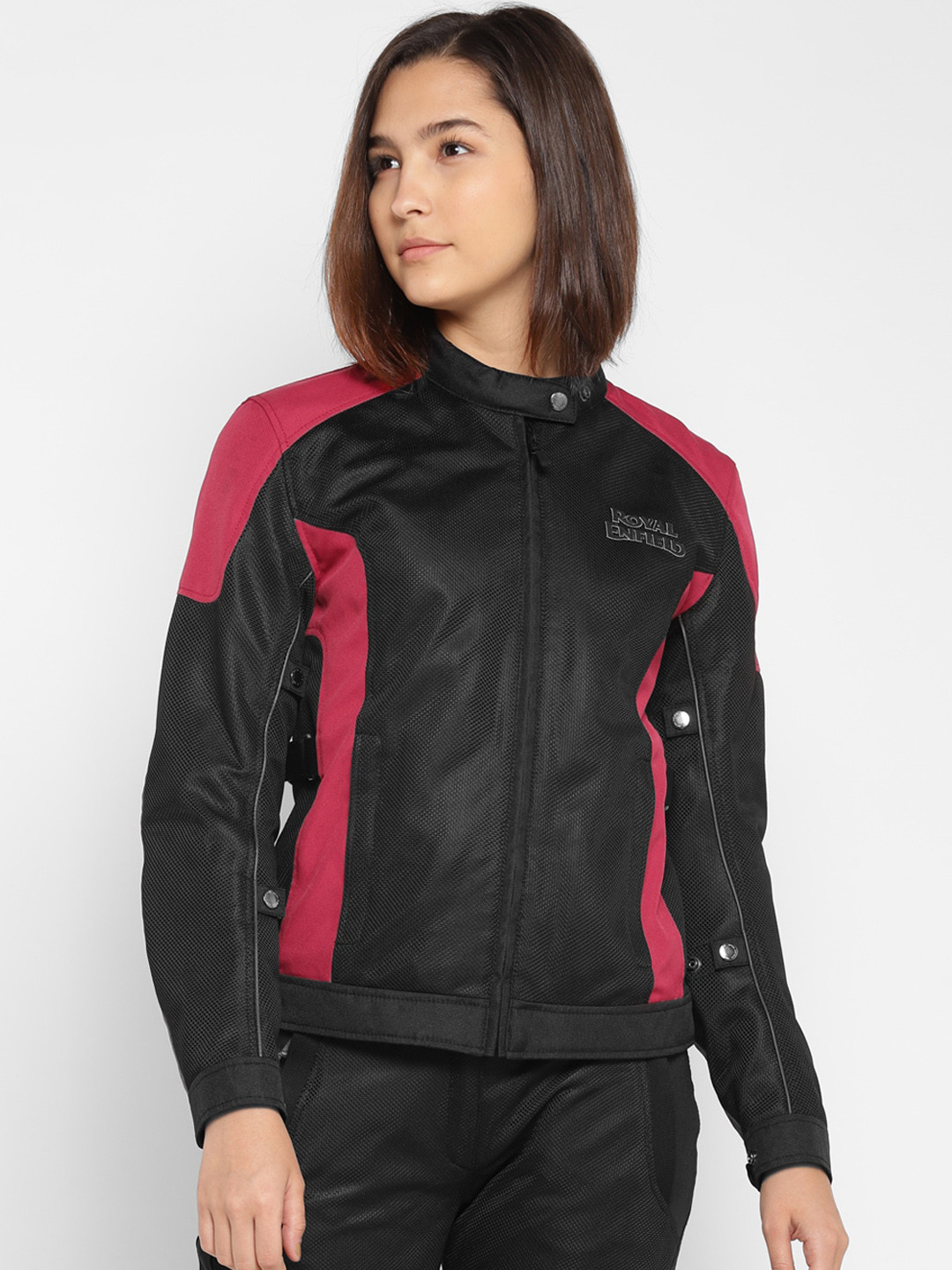 Buy Royal Enfield Women Black & Pink Colourblocked Biker Jacket
