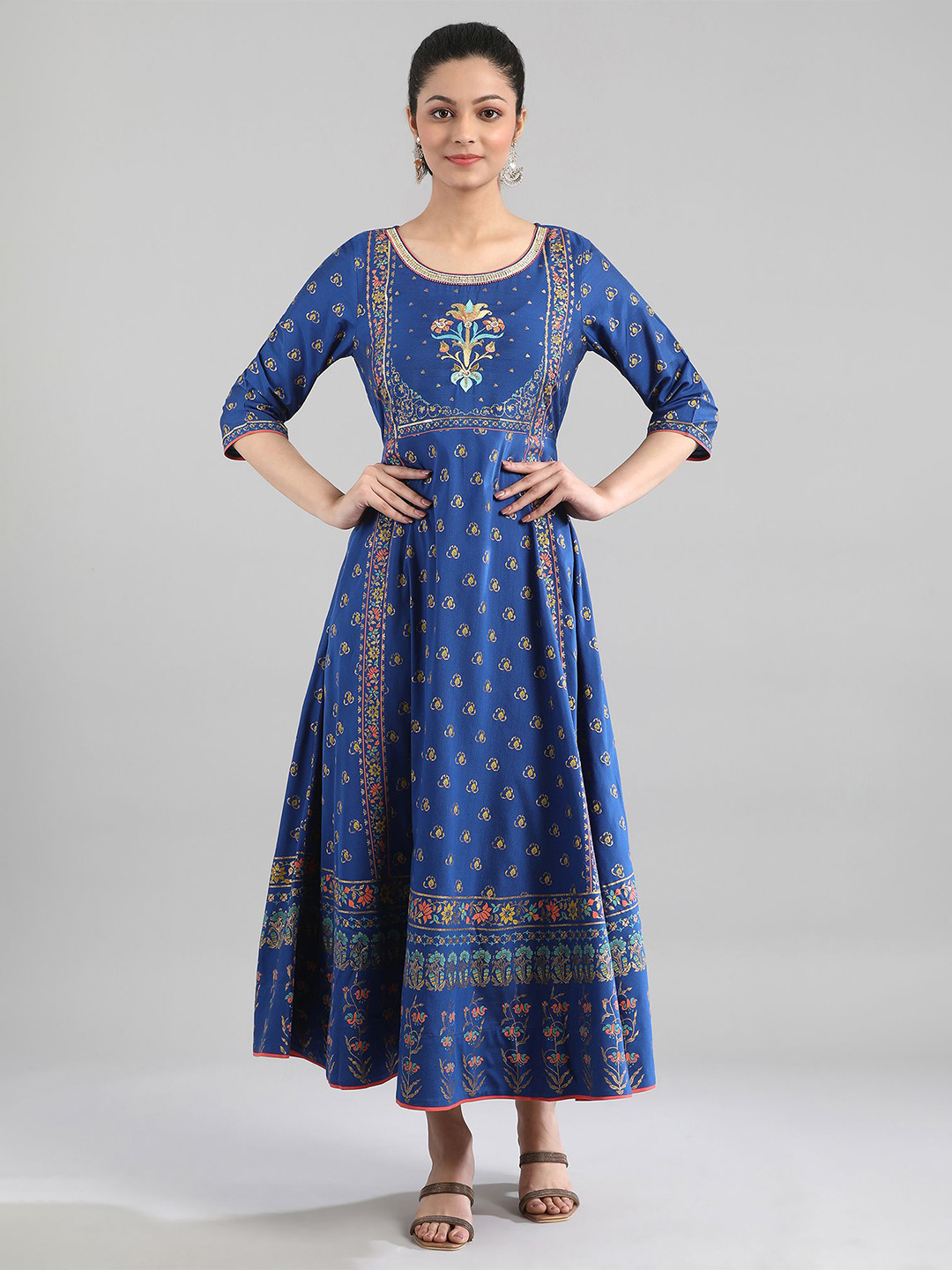Retro Ethnic Maxi Dress in Faux Blue with Plaid Patterns (Belt Included) main image 1