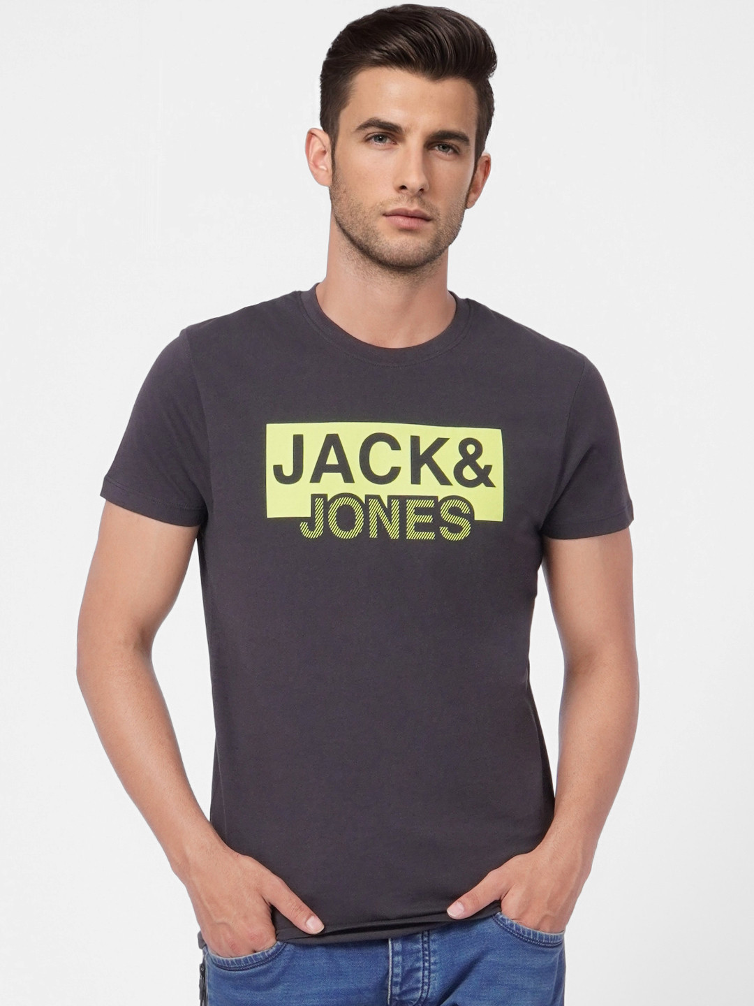 Buy Jack & Jones Men Black & Lime Green Typography Printed Slim Fit