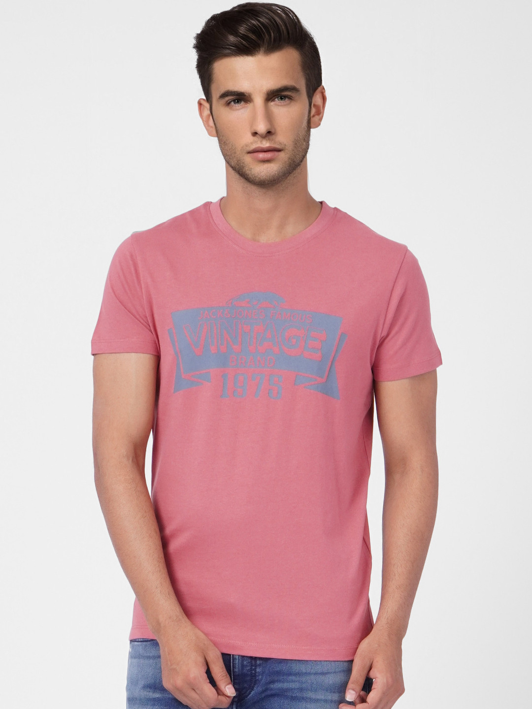 Buy Jack & Jones Men Pink & Blue Typography Printed Pure Cotton Slim
