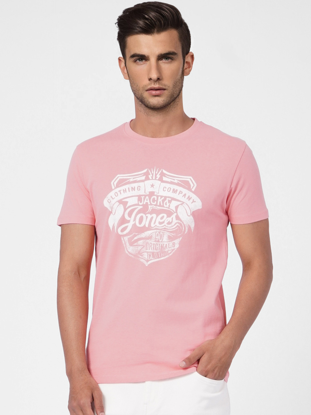 Buy Jack & Jones Men Pink & White Printed Pure Cotton Slim Fit T Shirt