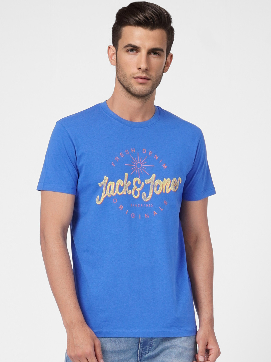 Buy Jack & Jones Men Blue & Yellow Printed Slim Fit Pure Cotton T Shirt