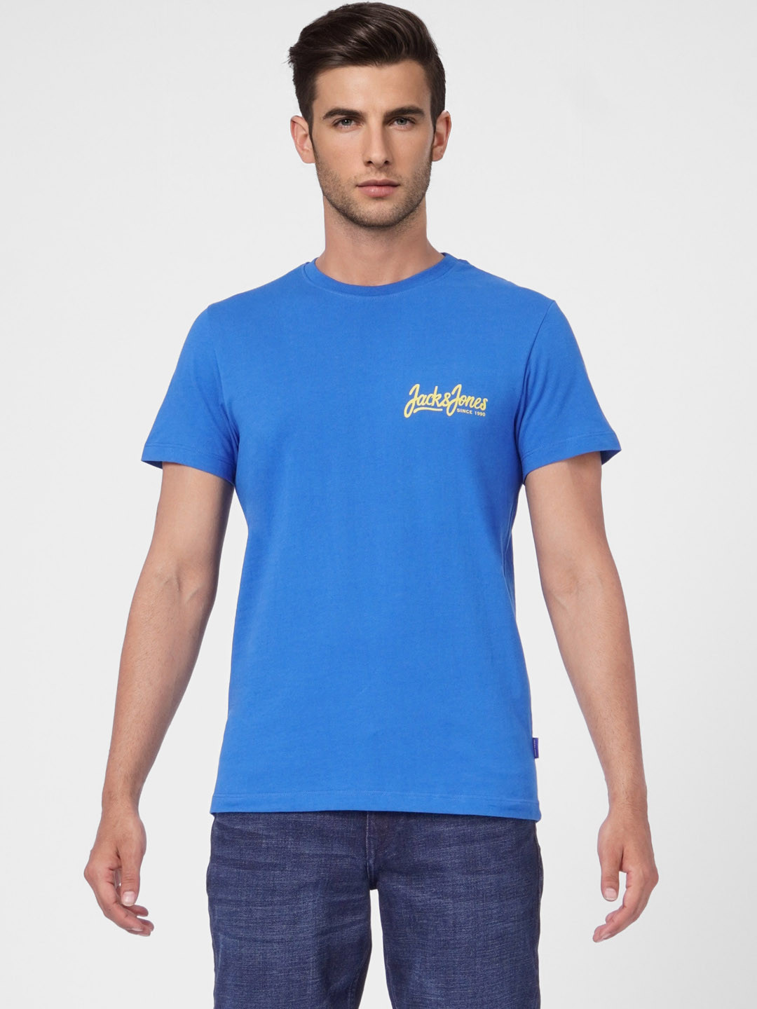 Buy Jack & Jones Men Blue Pure Cotton Slim Fit T Shirt Tshirts for