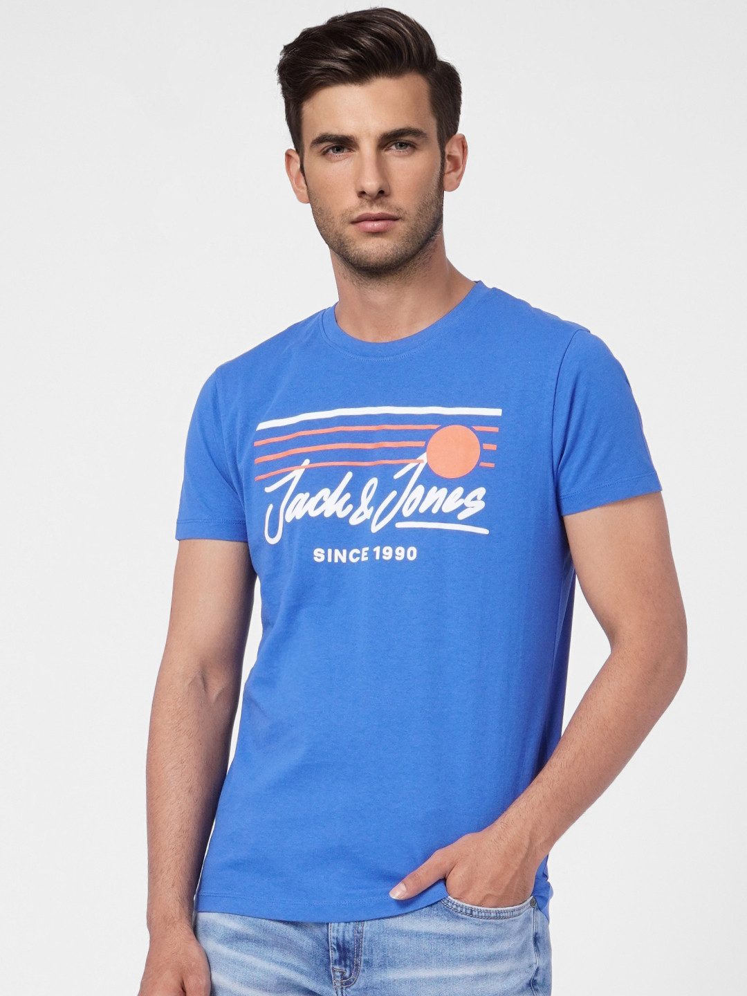 Buy Jack & Jones Men Blue & White Typography Printed Pure Cotton Slim