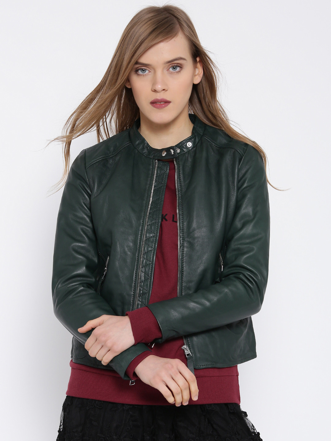 Buy MANGO Green Genuine Leather Biker Jacket Jackets for Women