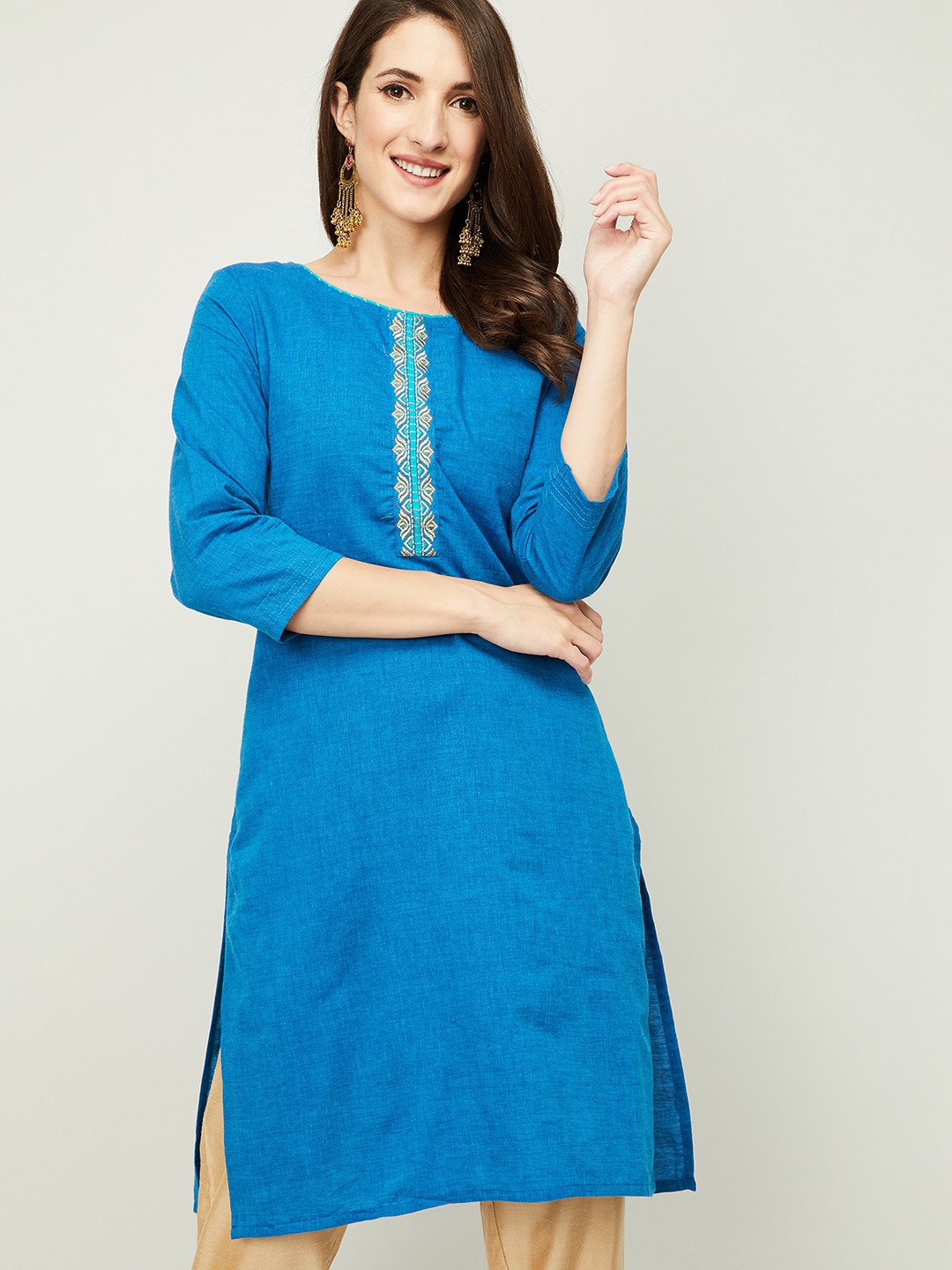 Buy Melange By Lifestyle Women Navy Blue Thread Work Kurta - Kurtas for ...