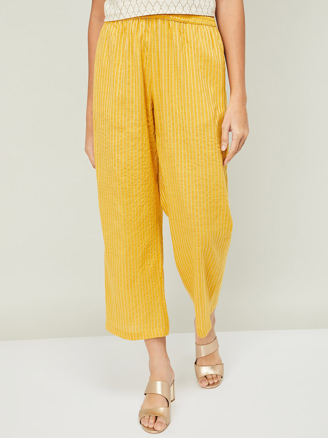 Mustard Yellow Striped Cotton Straight Pant for Women – Elastic Waist Casual Bottom with Pockets main image 1