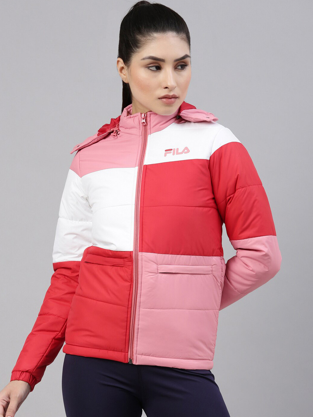Buy FILA Women Pink Colourblocked Running Puffer Jacket Jackets for