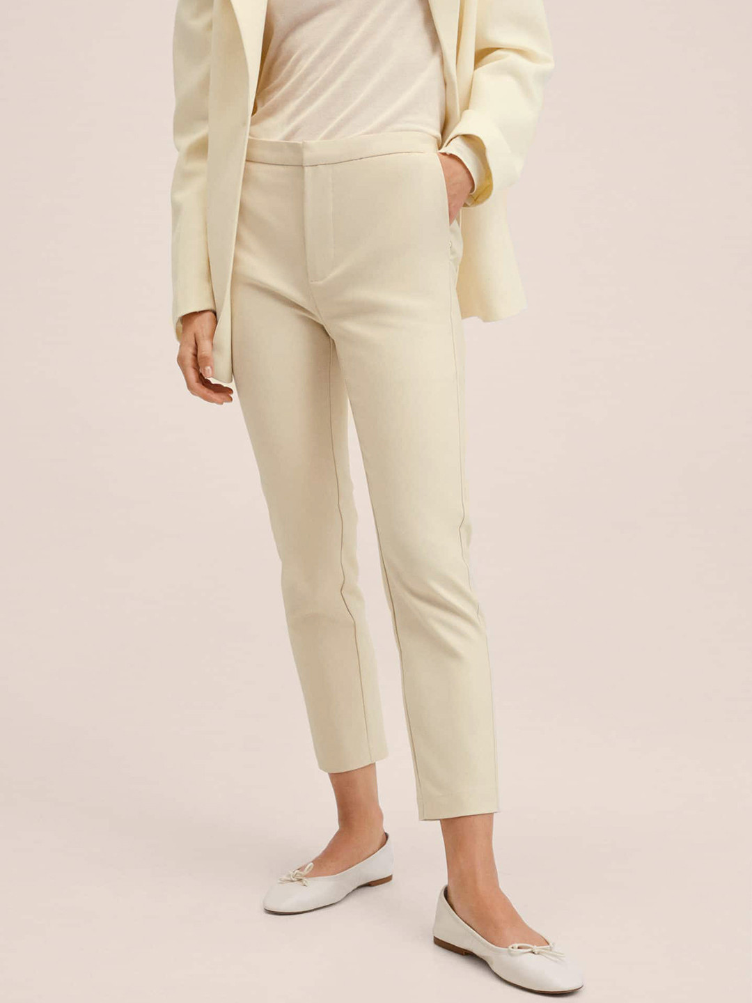 Buy MANGO Women Cream Coloured Solid Trousers Trousers for Women