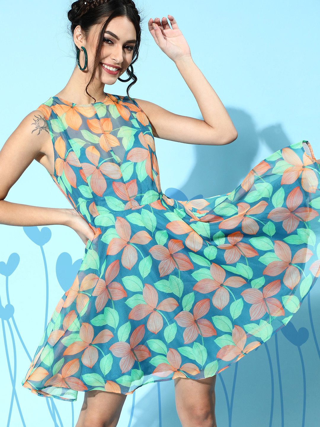 Buy SASSAFRAS Blue & Orange Floral Dress Dresses for Women 16707846