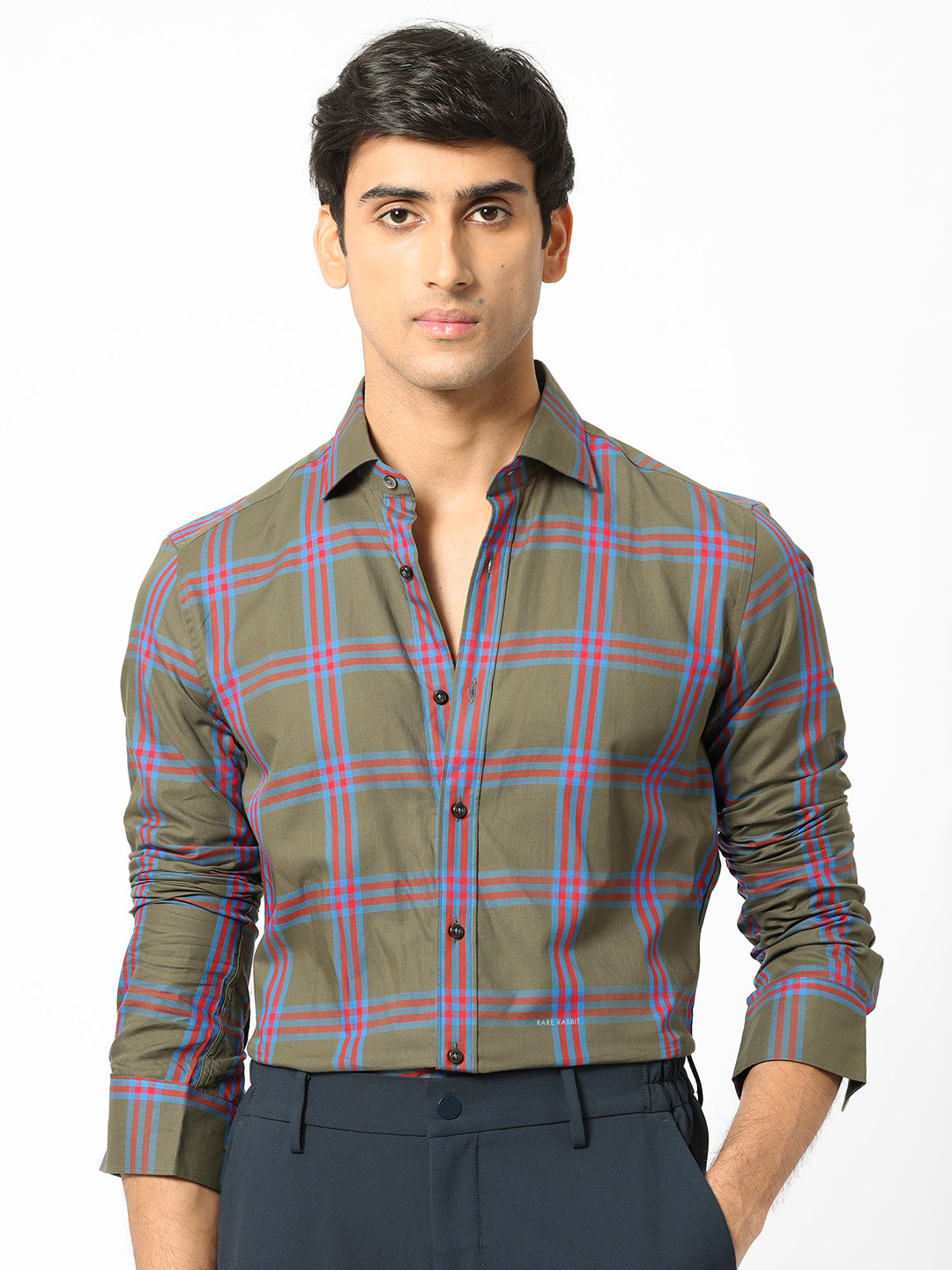 Men's Olive Standard Slim Fit Tartan Checked Spread Collar Cotton Shirt