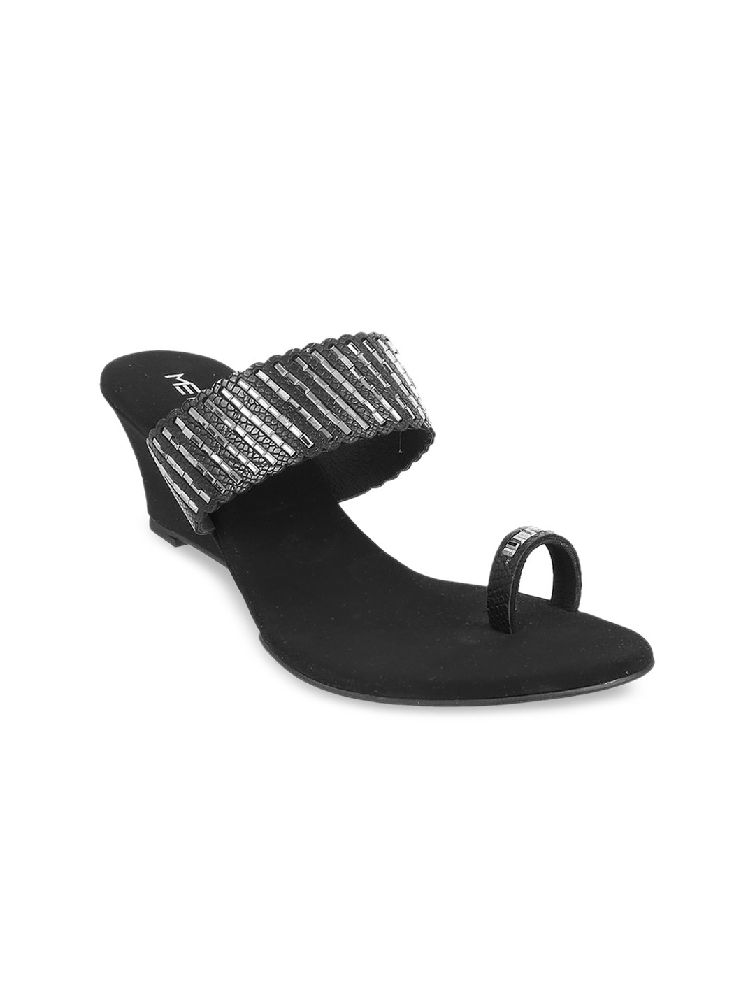 Buy Metro Women Black & Silver Toned Textured Wedge Heels Heels for