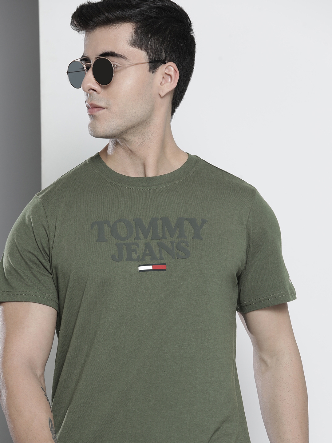 Buy Tommy Hilfiger Men Olive Green Brand Logo Printed Organic Cotton T ...