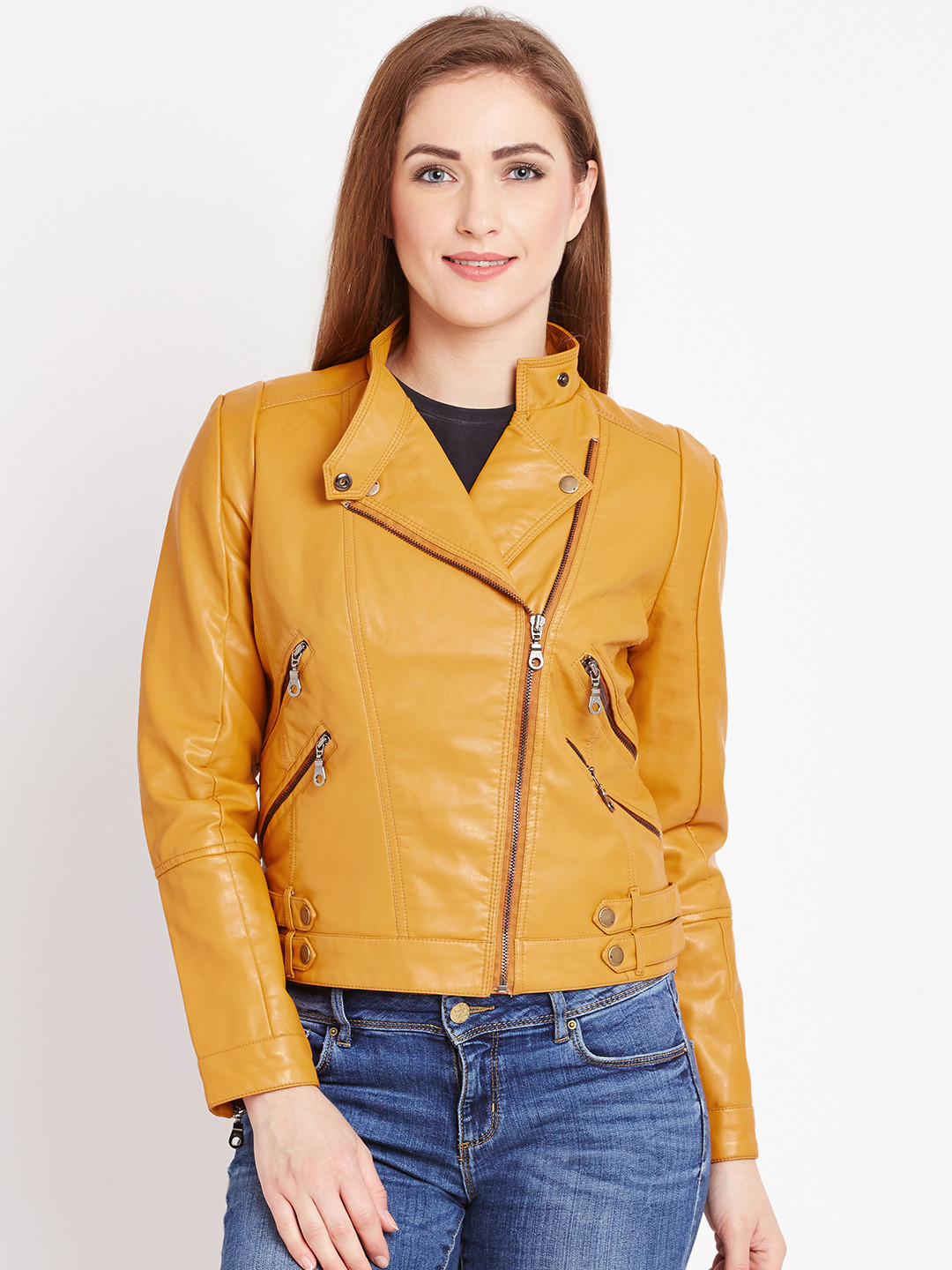 Buy Fort Collins Mustard Yellow Faux Leather Biker Jacket Jackets for