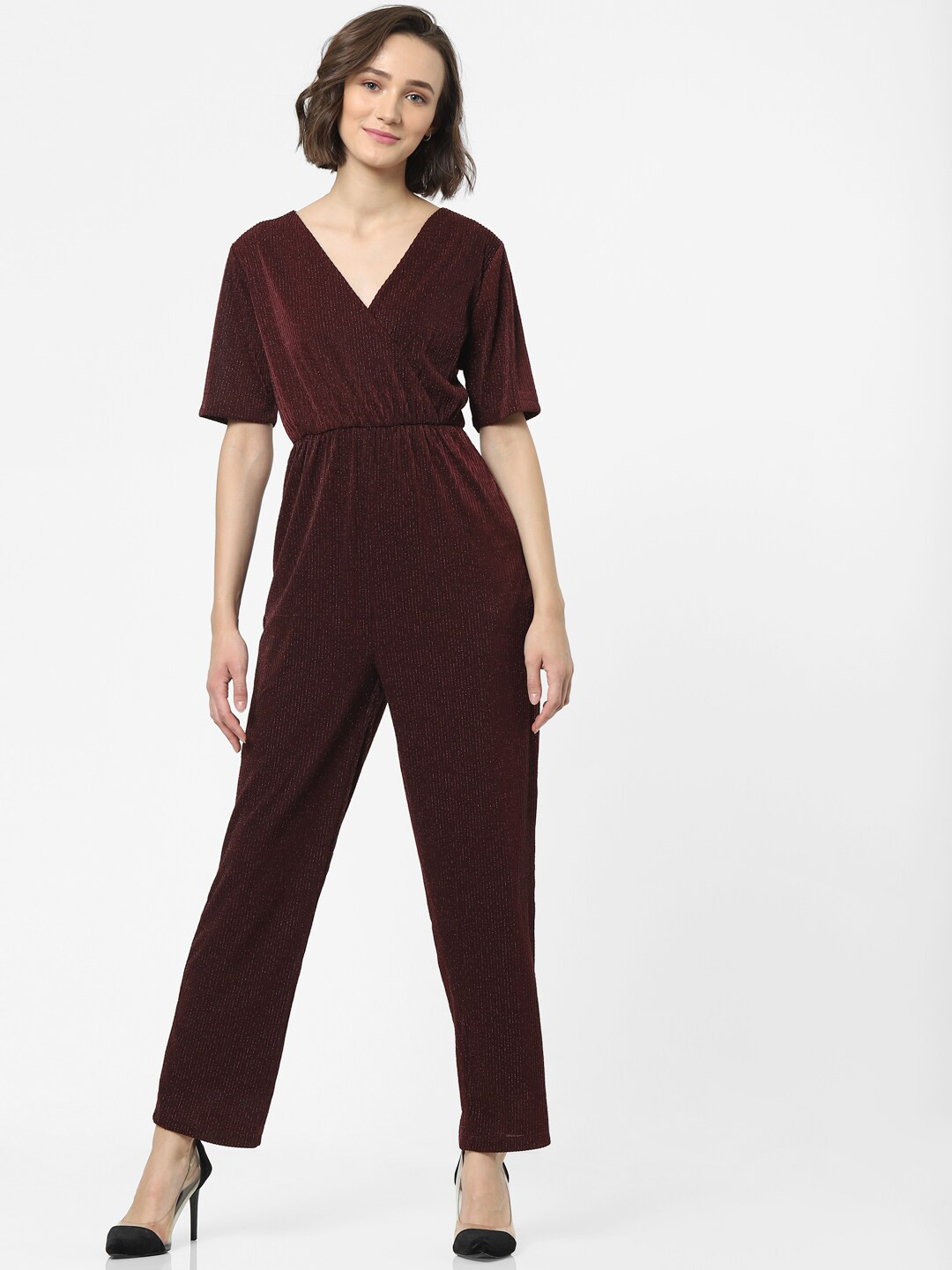 Women Maroon self design V-neck Jumpsuit