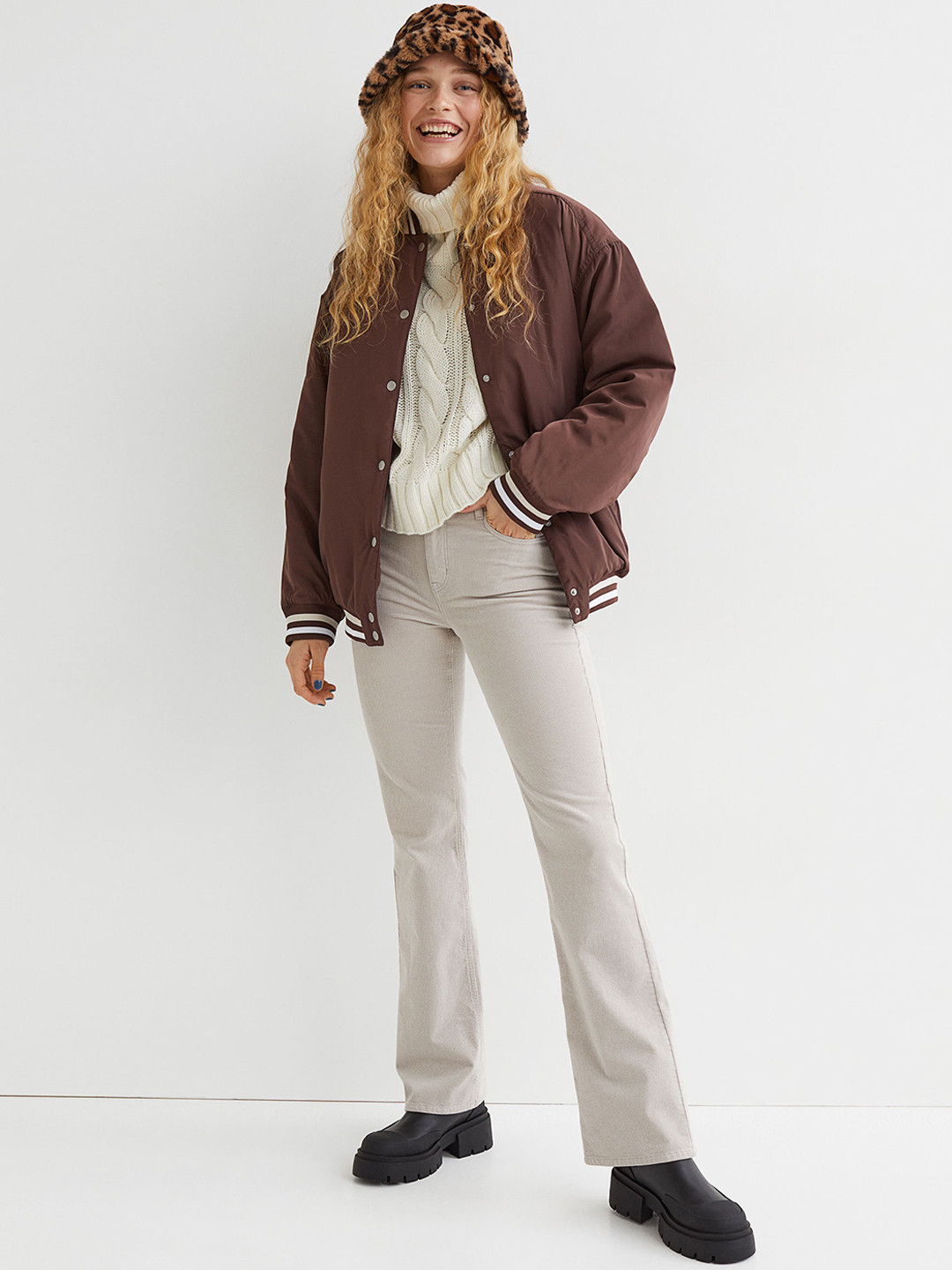 Buy H&M Women Brown & White Solid Baseball Jacket Jackets for Women