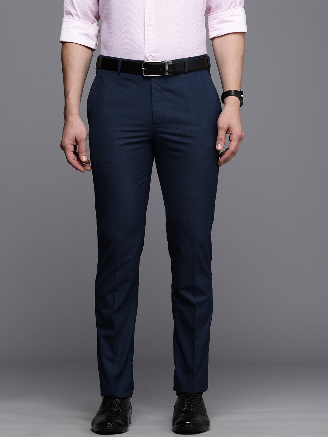 Buy Raymond Men Navy Blue Textured Self Design Slim Fit Mid Rise Flat ...