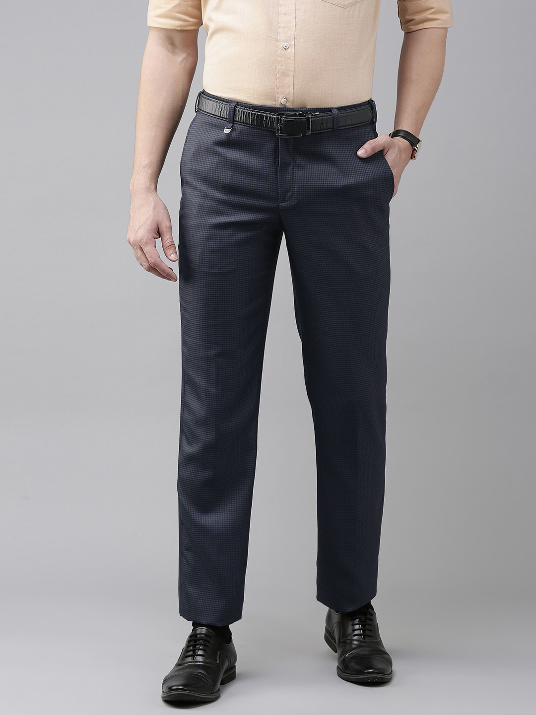 Buy Park Avenue Men Blue Checked Wrinkle Free Formal Trousers ...