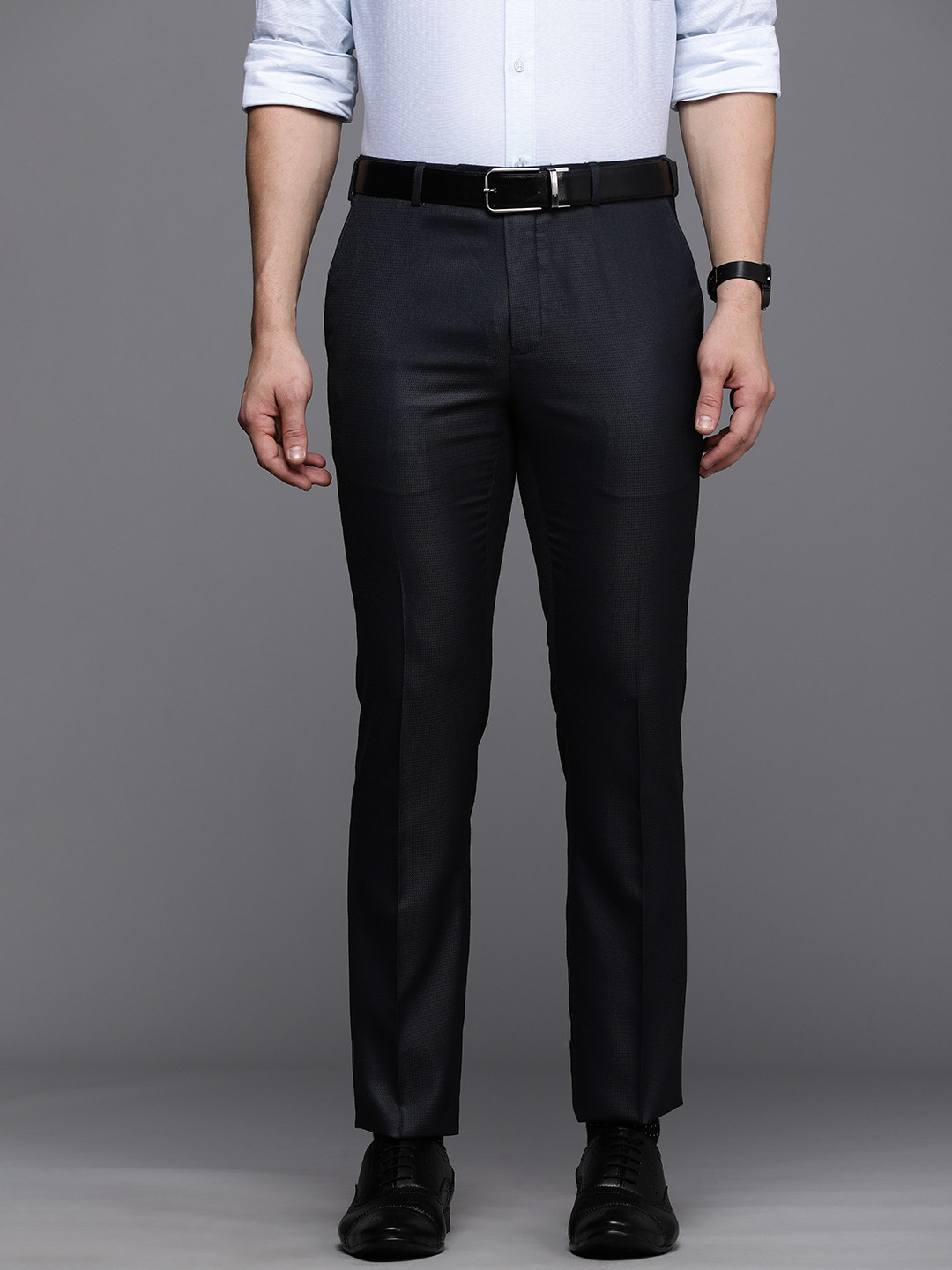 Buy Raymond Men Navy Blue Solid Slim Fit Wrinkle Free Formal Trousers ...
