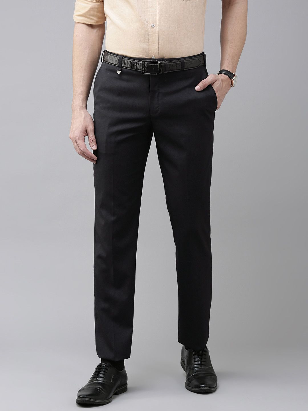 Buy Park Avenue Men Navy Blue Solid Regular Fit Formal Trousers ...