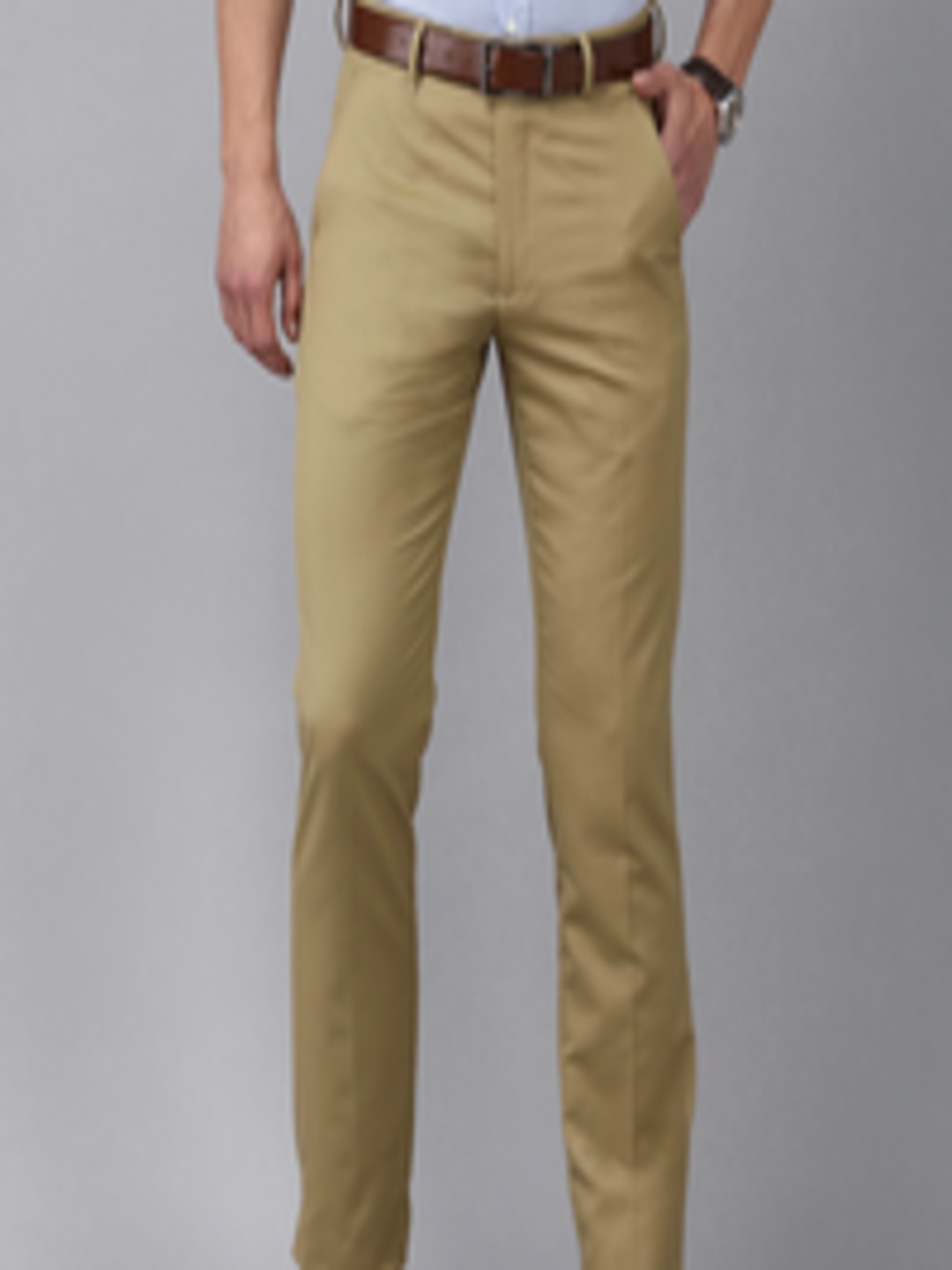 Buy Van Heusen Men Khaki Solid Slim Fit Mid Rise Formal Trousers ...