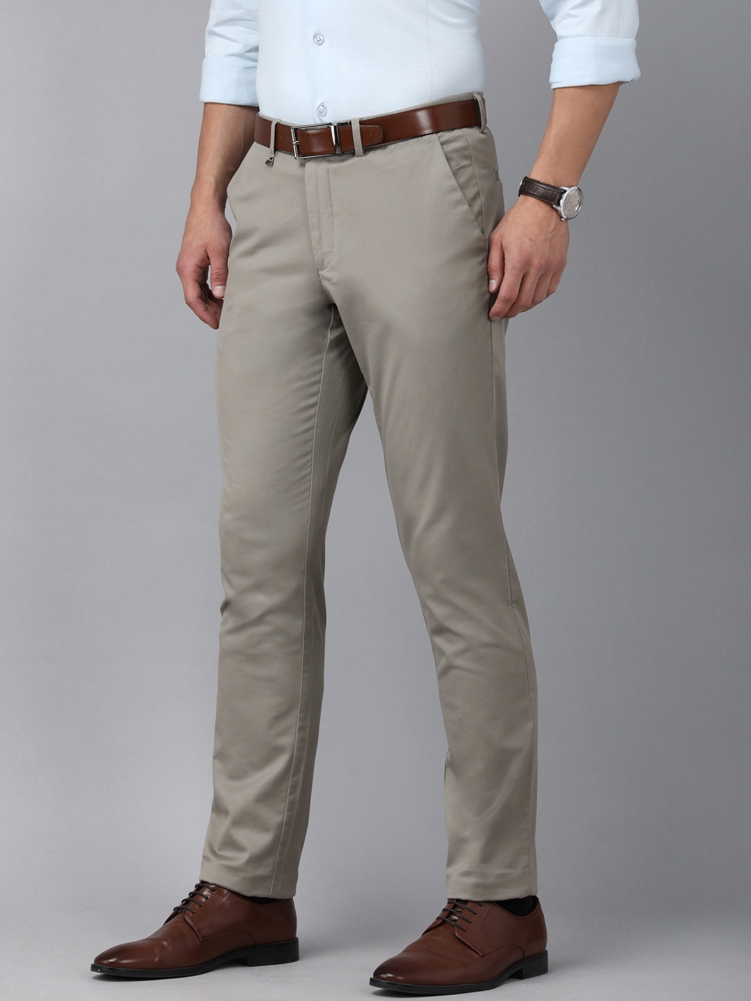 Buy Van Heusen Men Cream Coloured Solid Slim Fit Formal Trousers ...