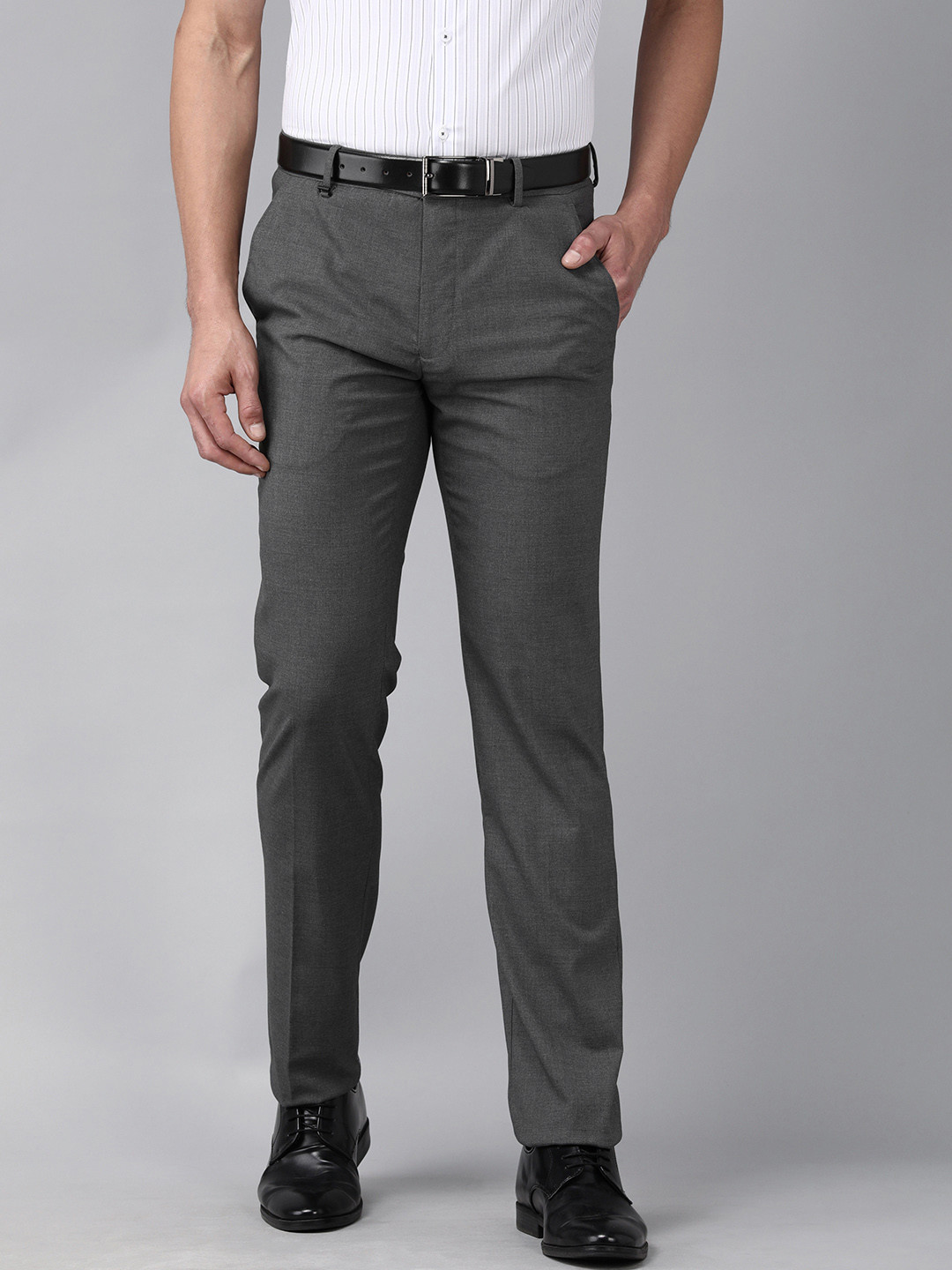 Buy Van Heusen Men Grey Solid Slim Fit Mid Rise Formal Trousers ...