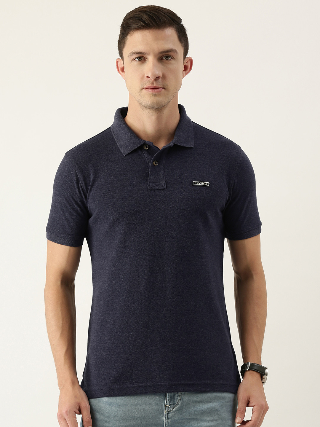 Buy Flying Machine Men Navy Blue Solid Polo Collar Slim Fit T Shirt ...