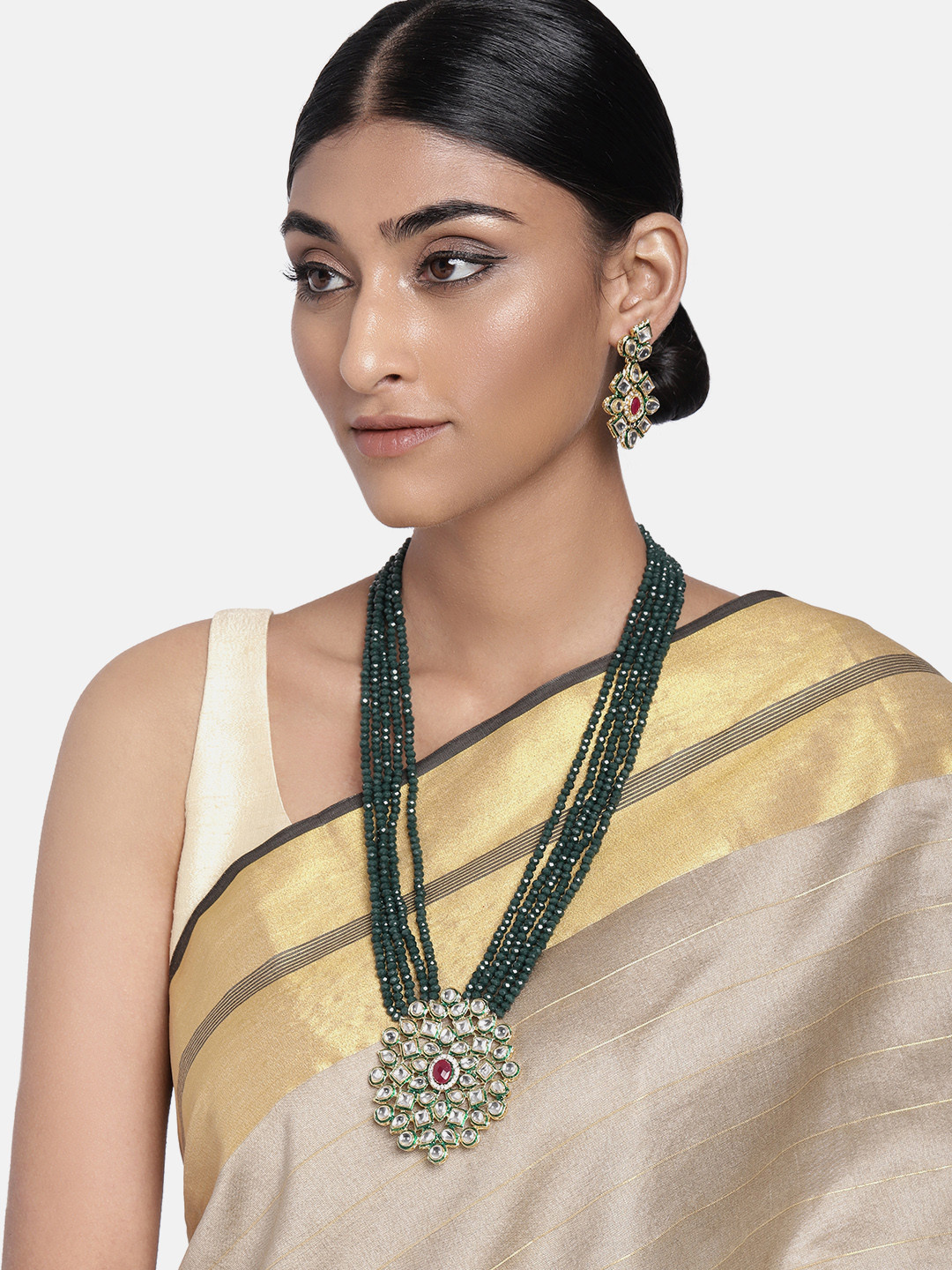 Buy I Jewels Gold Plated & Green Kundan Studded Jewellery Set