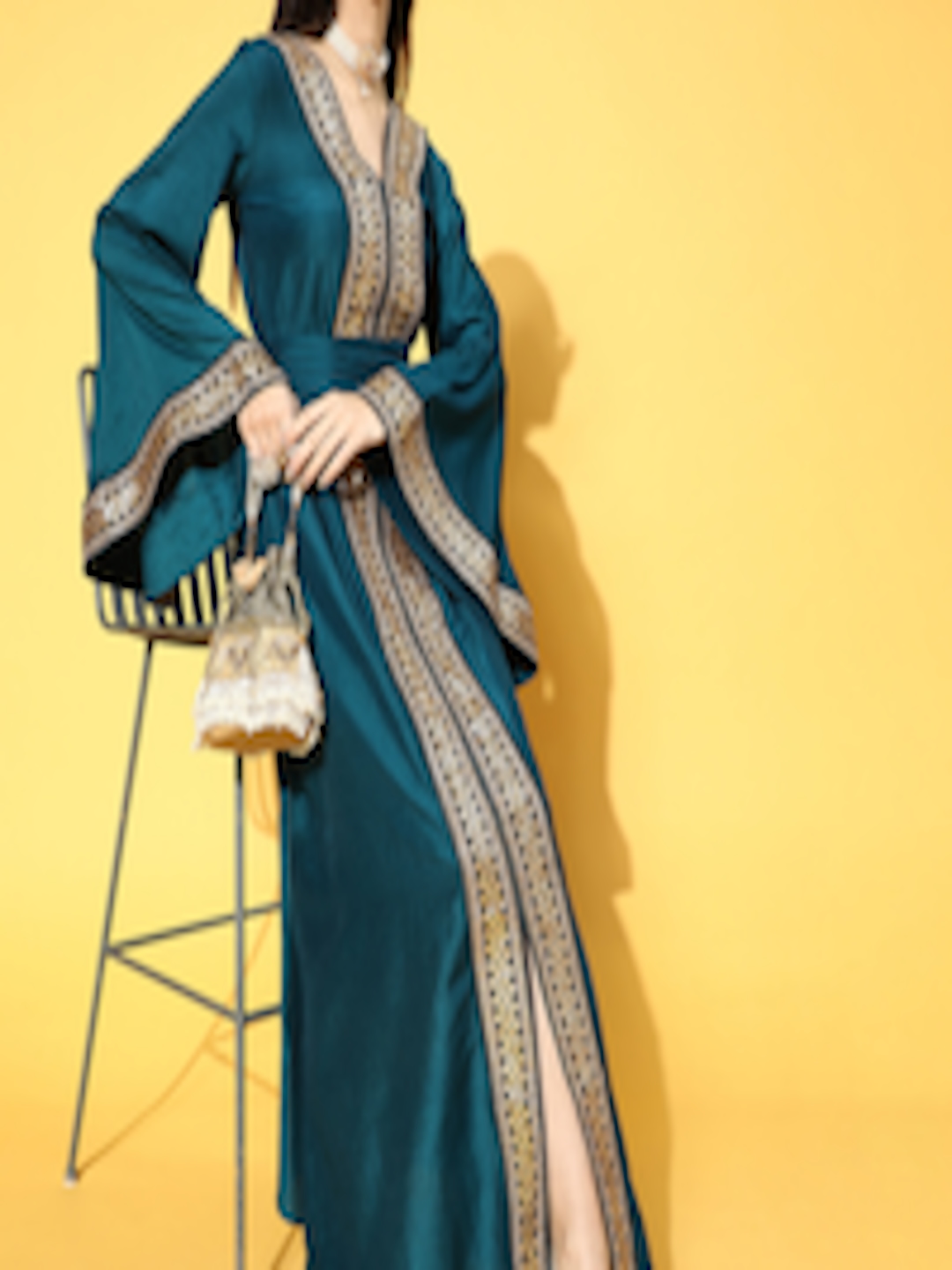 Buy Inddus Women Teal & Golden Ethnic Motifs Ethnic A Line Maxi Dress ...